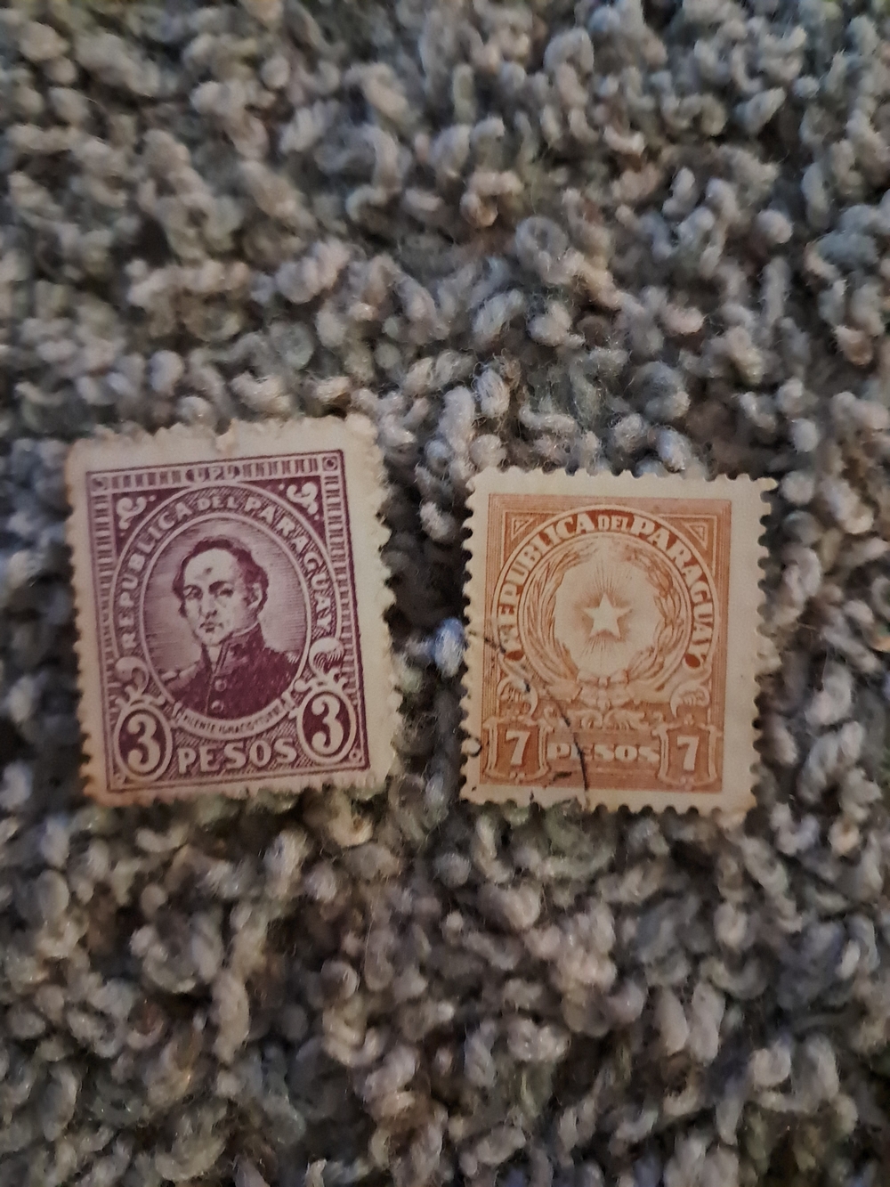 Vintage Paraguayan Postage Stamps Lot 2  - 3 Pesos Purple & 7 Pesos Tan